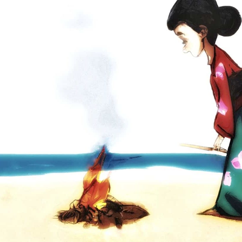a woman tending a fire