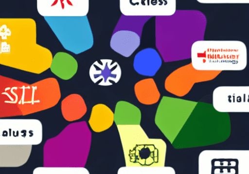 An abstract drawing of many org logos joining to collaborate.