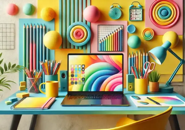 An illustration of a colorful workspace and laptop evoking eq for a website redesign.