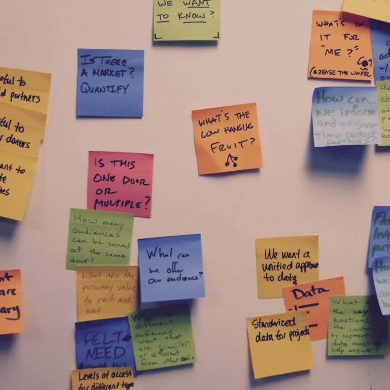 an assortment of sticky notes from a CauseLabs strategic workshop