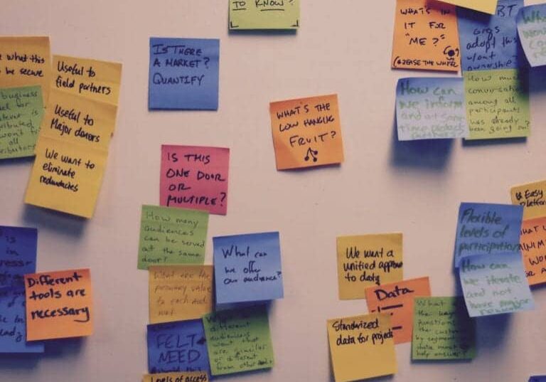 an assortment of sticky notes from a CauseLabs strategic workshop