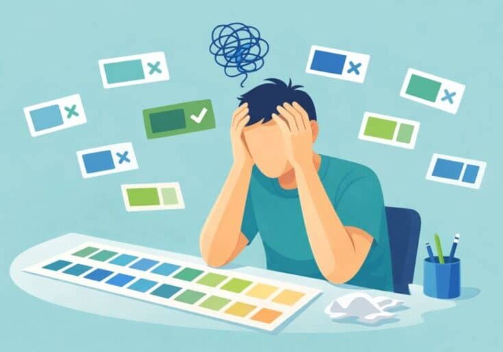 A person sits at a desk with their head in their hands, surrounded by color swatches and selection boxes, indicating difficulty making a choice.