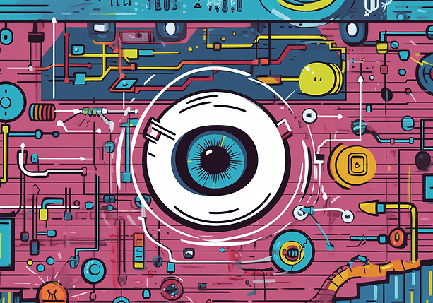 A colorful illustration of a fake eye inside of a computer motherboard.