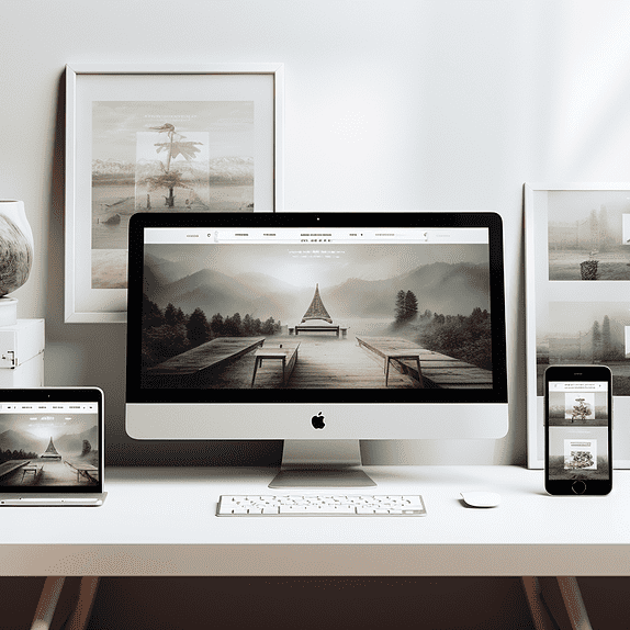 A desk with many devices displaying a nature website.