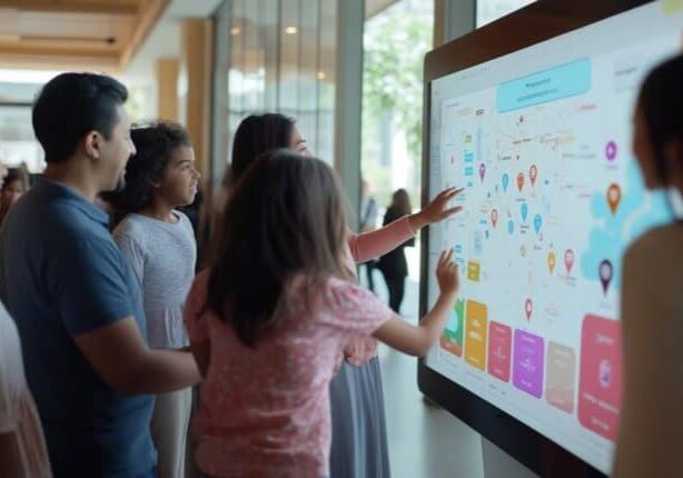 Families around a digital screen showing childcare options on a map.