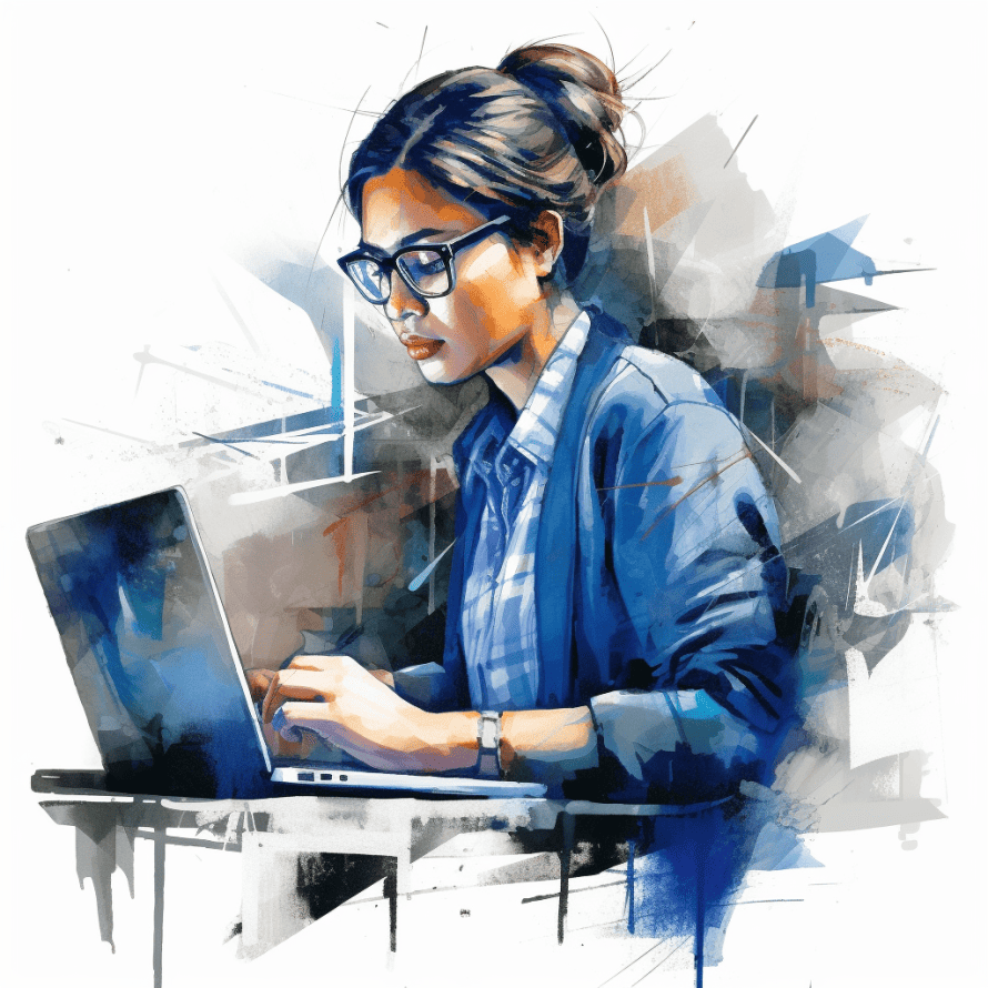 A woman working on a laptop.