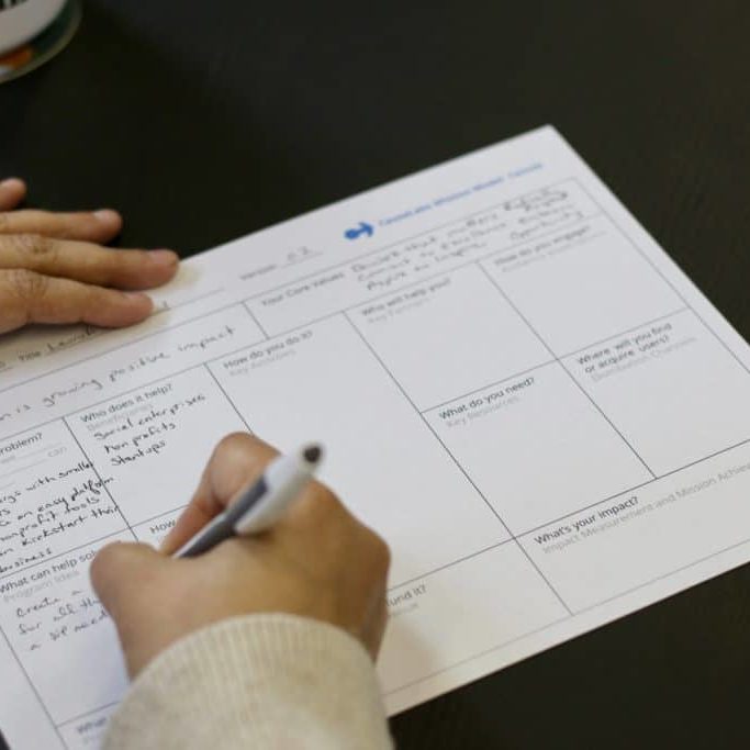 A person's hands writing on the mission model canvas