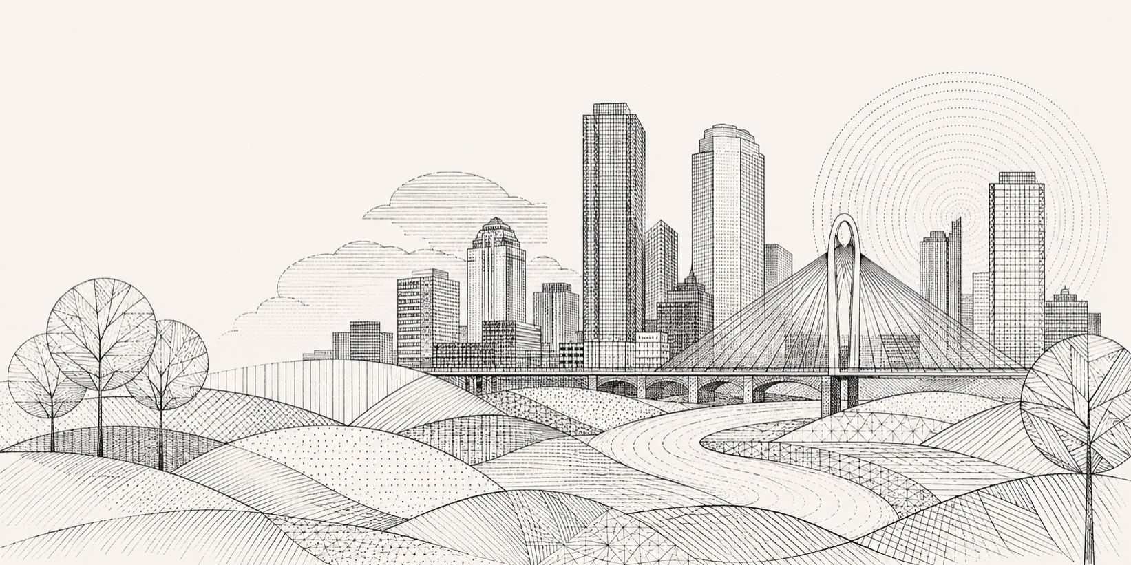 Line art of a city skyline features tall buildings, a cable-stayed bridge over a river, and surrounding rolling hills with trees in the foreground, symbolizing the city's social impact through thoughtful urban design.