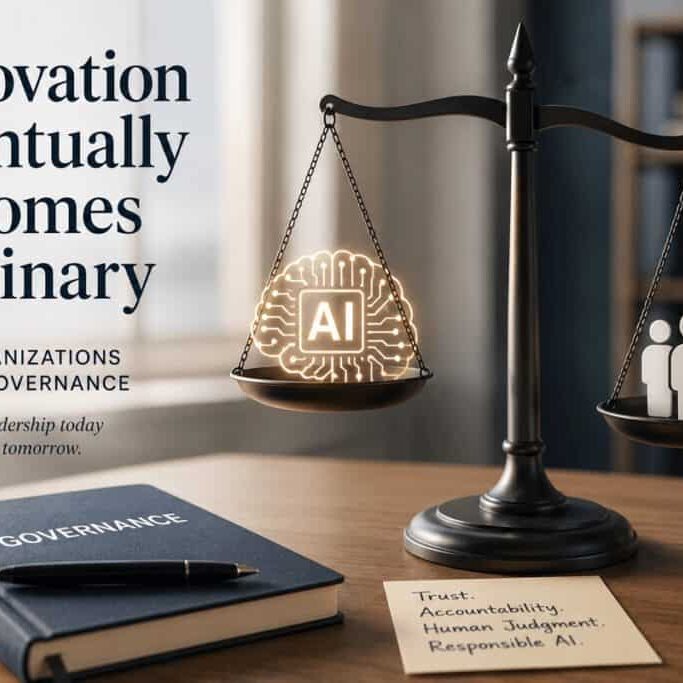 A scale with an AI icon outweighed by human figures sits beside a “Governance” binder and trust-related notes, illustrating AI governance in organizations.