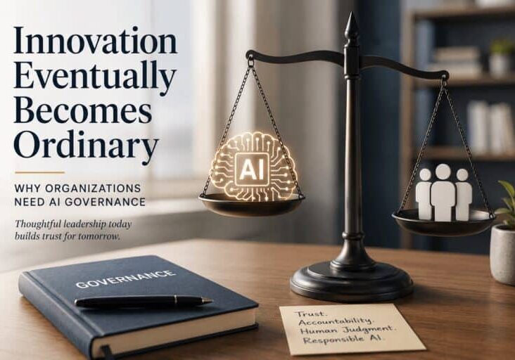 A scale with an AI icon outweighed by human figures sits beside a “Governance” binder and trust-related notes, illustrating AI governance in organizations.