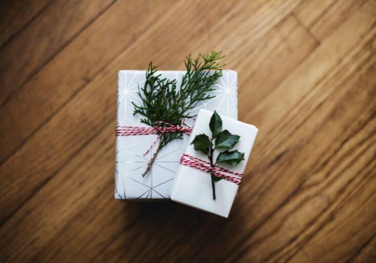 Two wrapped packages with greenery on top