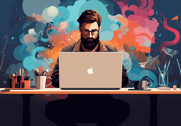 A man using a laptop on a desk with an array of colors swirling behind him.
