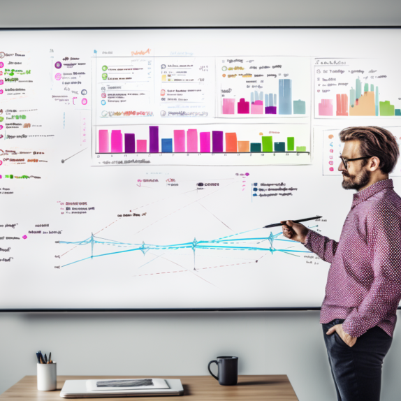 A man views data charts on a whiteboard to evaluate SEO and recession tactics, and advise on web services.