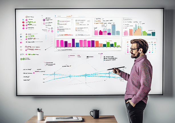 A man views data charts on a whiteboard to evaluate SEO and recession tactics, and advise on web services.