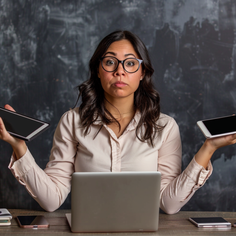 Managing Digital Overload - image of a professional Latina woman holding multiple devices and looking overwhelmed.