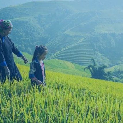 A farming women and her young daughter walk through a field in a scenic mountain valley.