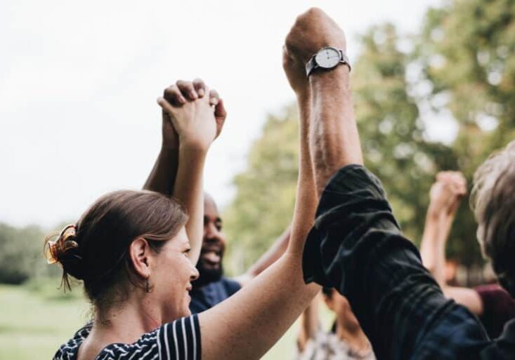 A diverse group of people holding hands in the air. A photo for our social impact post.