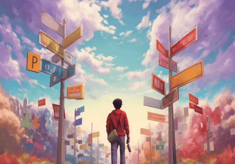 A man looking at street signs - a guide for sustainable business practices