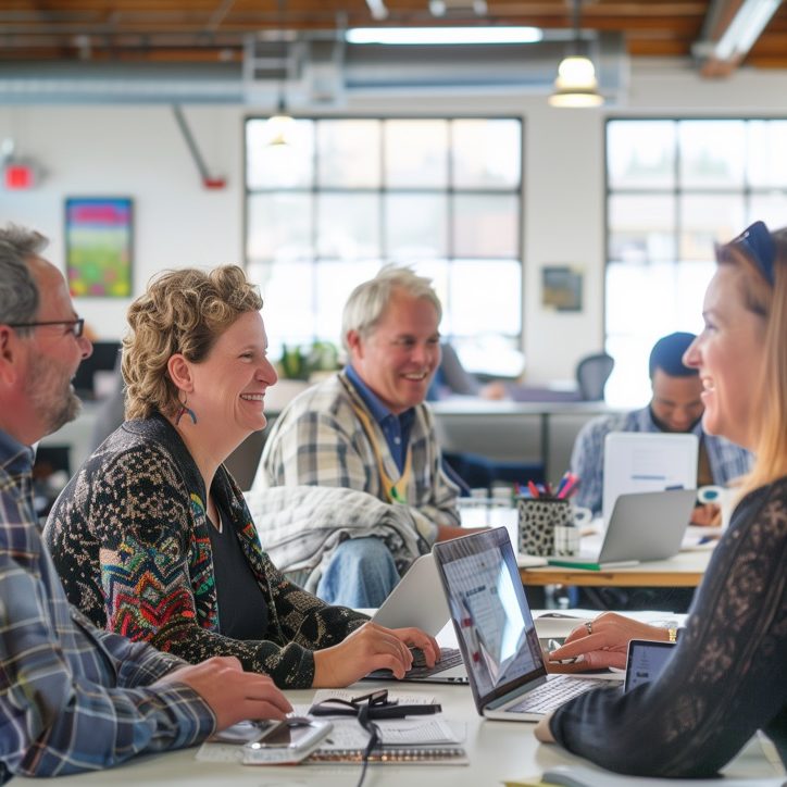 A group of people in front of laptops using WordPress representing the ability to enhance your nonprofit social media presence with your website.