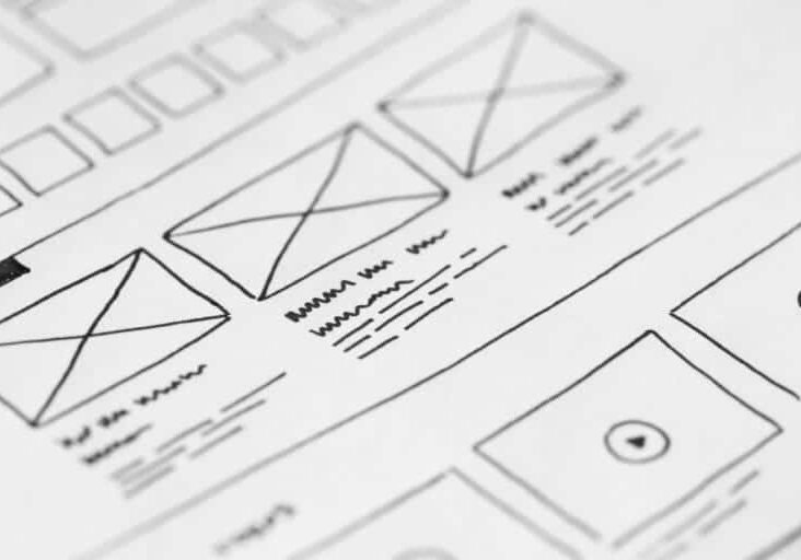 A hand-drawn website wireframe