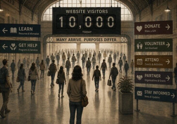A crowd enters a train station under a sign reading Website Visitors 10,000 Today, with directional signs for learn, help, donate, volunteer, attend, partner, and stay informed.