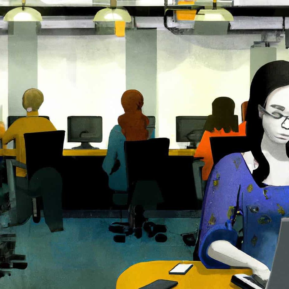 Illustration of a woman in an office working on a computer.