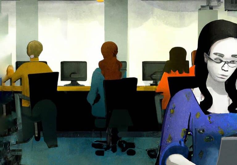 Illustration of a woman in an office working on a computer.