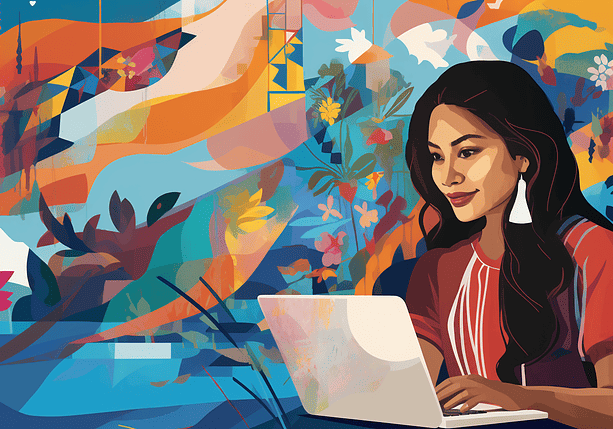 Woman on a laptop visiting a website, environmental scenes in the background. Used for the post about WordPress for Content Management.