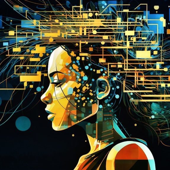 Illustration of a woman using AI technology to download her brain.