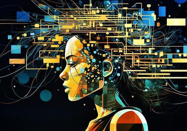 Illustration of a woman using AI technology to download her brain.